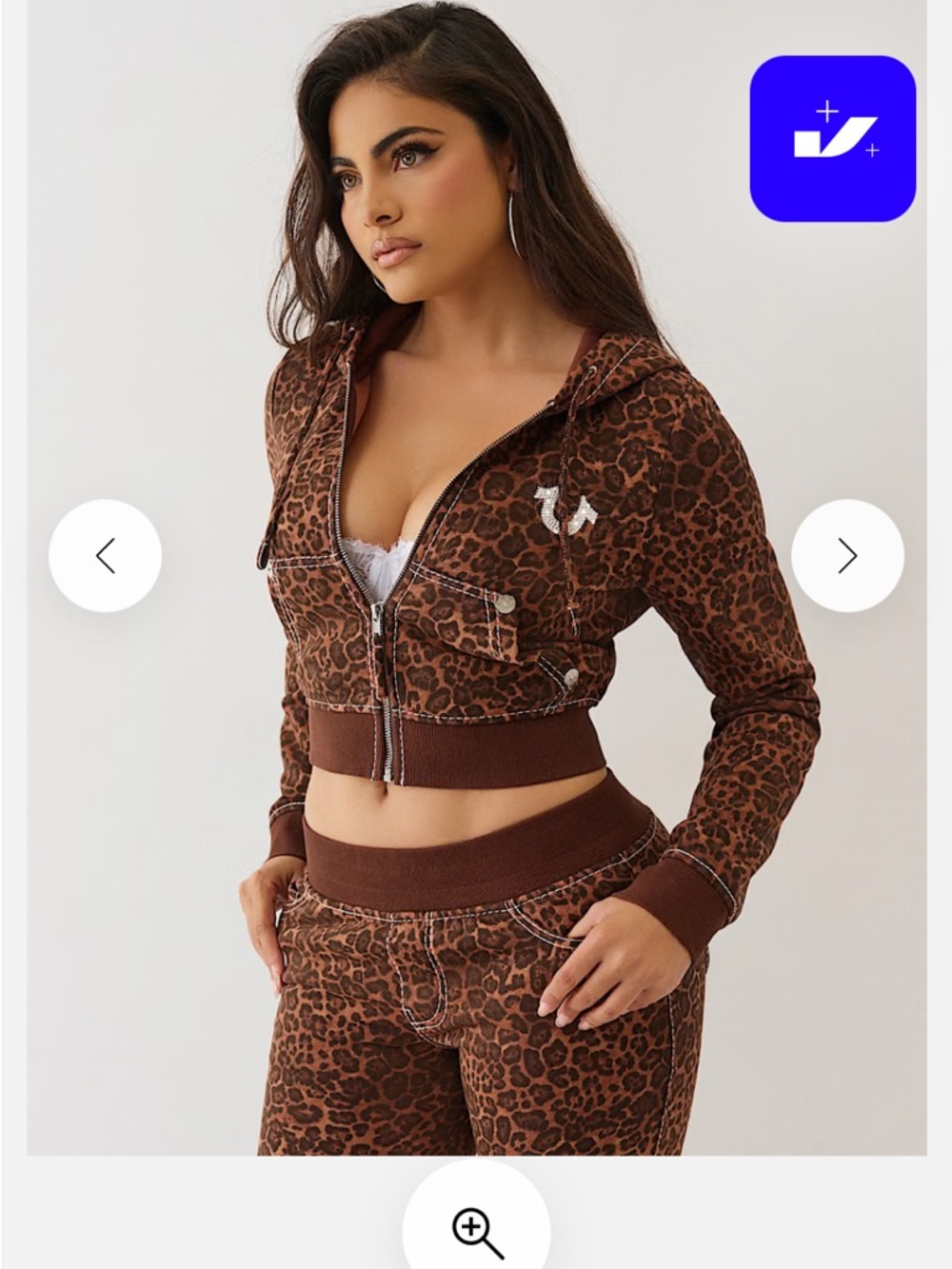 True Religion Brown Leopard Print Cropped Bomber Hoodie Set - Picture 1 of 7